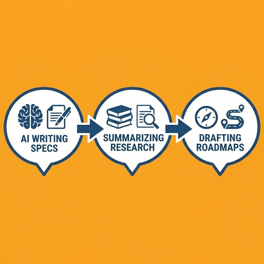 Three-step process showing AI writing specs, summarizing research, and drafting roadmaps